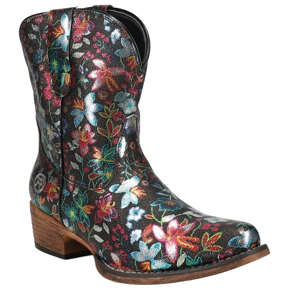 Roper Ingrid Multicolor Floral Ankle Boots in Black Size 8 - Picture 2 of 15